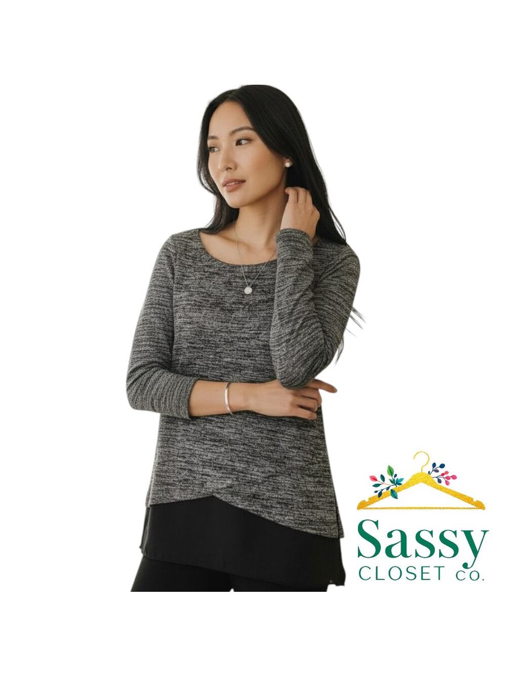 WHBM Black White Heathered Long Sleeve Overlay Top Rayon Blend XS EUC